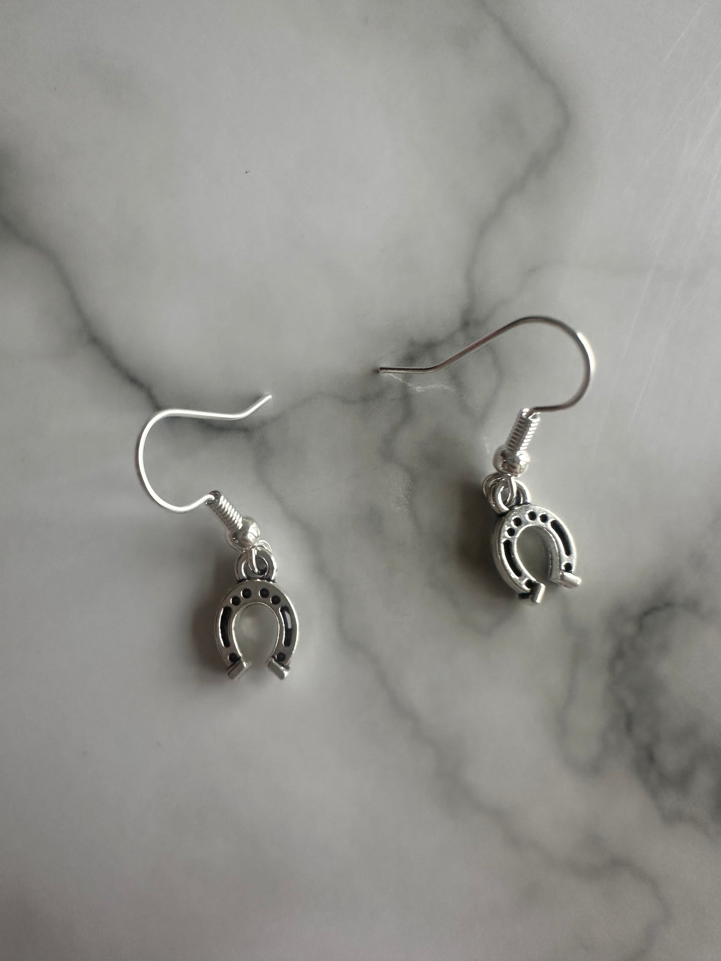 Rustic horseshoe earrings on hooks, ideal for country western fashion, cowboy-themed events, and good luck gifts.