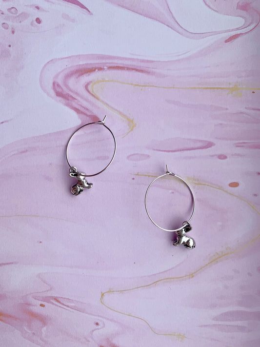 easter earrings. bunny earrings. Cute bunny alloy charm on silver plated hoops. dangle earrings. animal earrings. cute earring aesthetic
