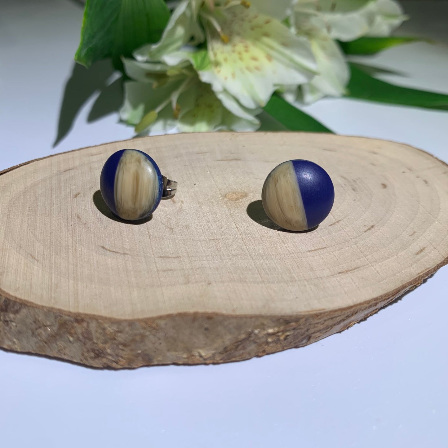 Stud Earrings. Half wooden and half pastel coloured resin stud earrings. Cute earrings. Pastel earrings. Earrings for women. Dark Blue.