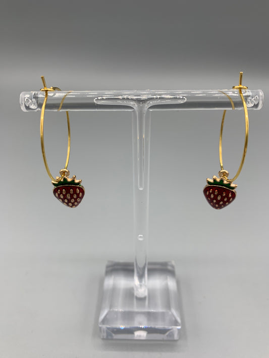 strawberry earrings. Red enamel strawberry charm on gold plated hoops. food earrings. hoop earrings. novelty earrings food