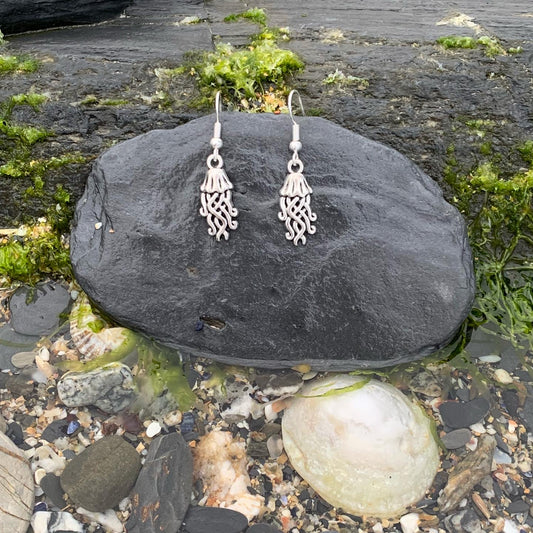 Front view of Jellyfish Earrings featuring a delicate marine design with silver-plated hooks