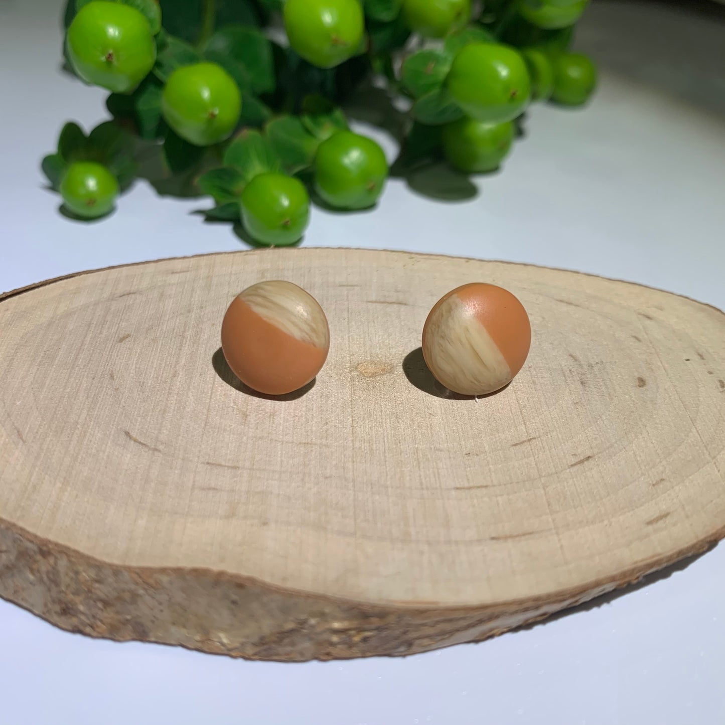 Orange Stud Earrings. Half wooden and half pastel coloured resin stud earrings. Cute earrings. Pastel earrings. Earrings for women.