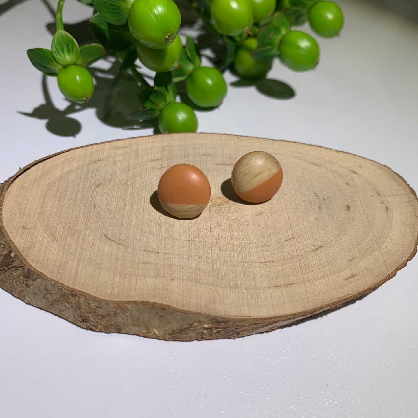 Stud Earrings. Half wooden and half pastel coloured resin stud earrings. Cute earrings. Pastel earrings. Earrings for women. Orange
