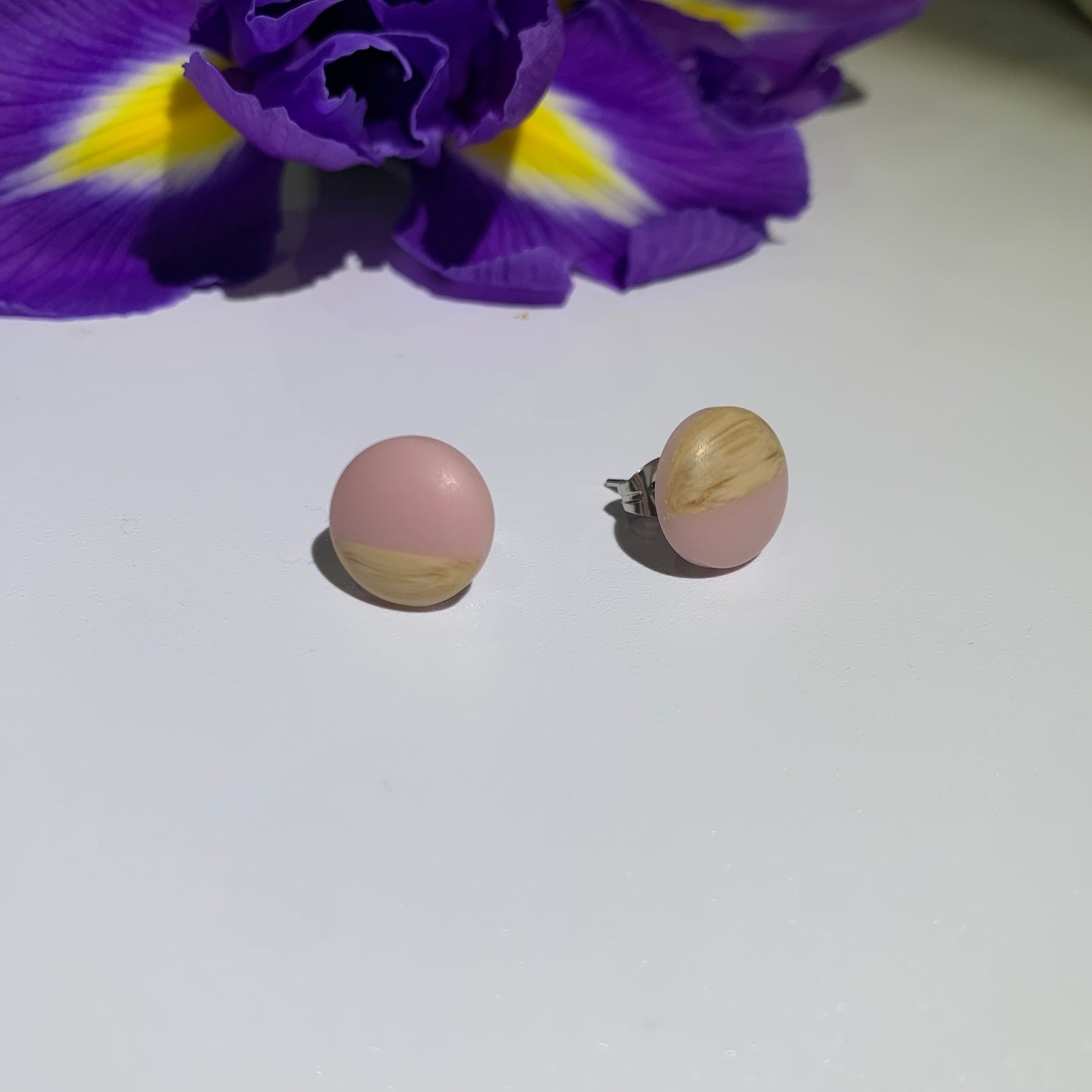 Stud Earrings. Half wooden and half pastel coloured resin stud earrings. Cute earrings. Pastel earrings. Earrings for women. Pale Pink Earrings