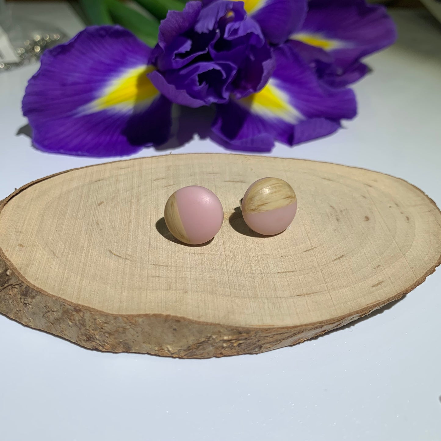Pale Pink Stud Earrings. Half wooden and half pastel coloured resin stud earrings. Cute earrings. Pastel earrings. Earrings for women.