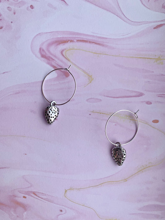 strawberry earrings. Alloy silver coloured strawberry charm on silver plate hoops. food earrings. novelty earrings. kawaii earrings. hoop earrings