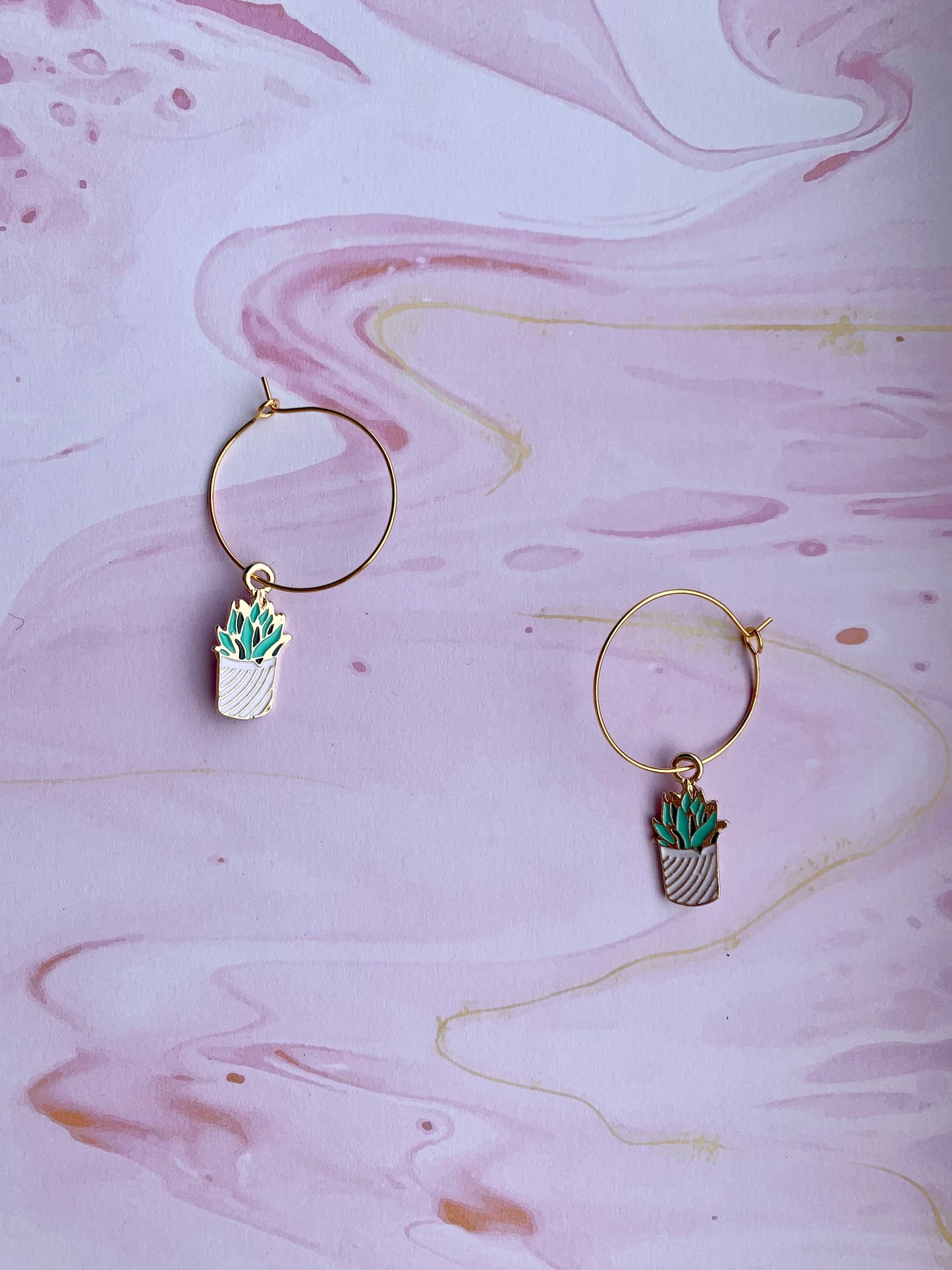 Succulent plant enamel charms on gold plated hoops. plant earrings. gold earrings. plant mom