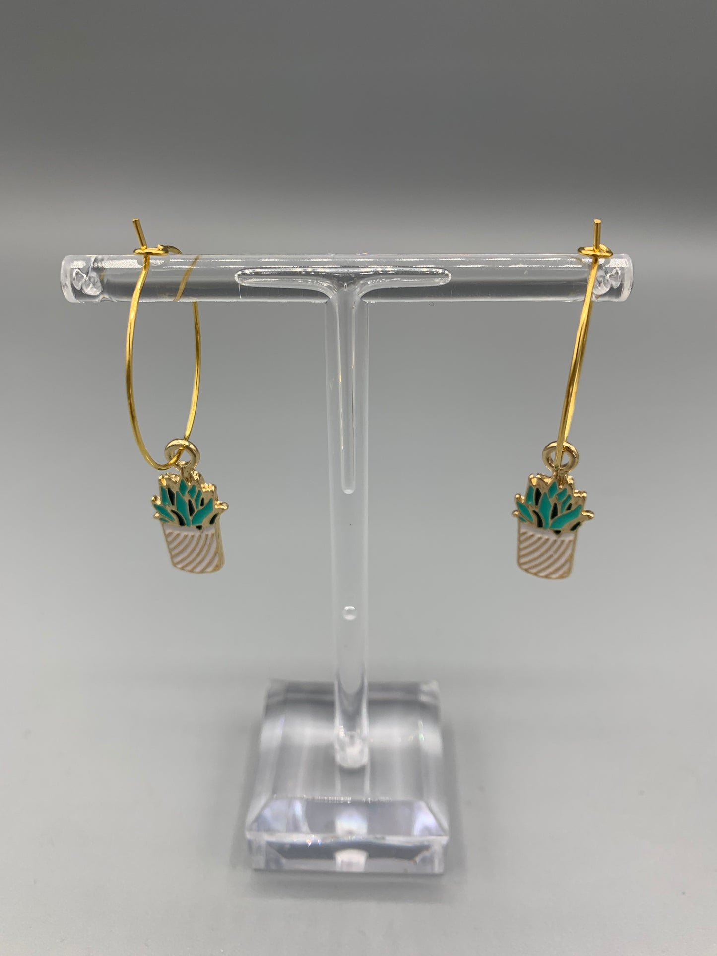 Succulent plant enamel charms on gold plated hoops. plant earrings. gold earrings. earrings for women