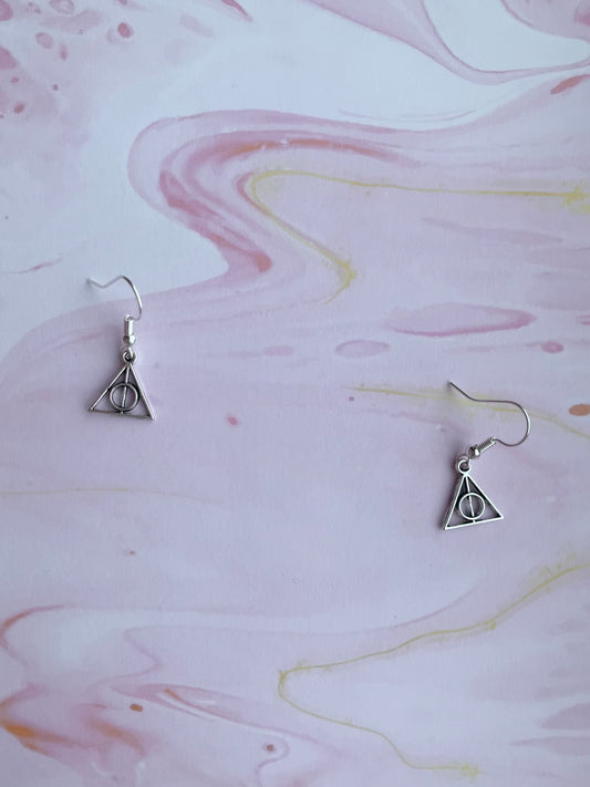 Triangle with circle and stick through the middle charms on silver plated hooks. magical earrings. harry potter earrings. cosplay earrings.
