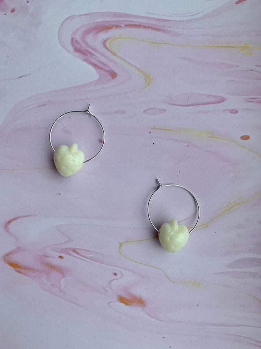 Cream coloured strawberry hoop earrings. fashion earrings