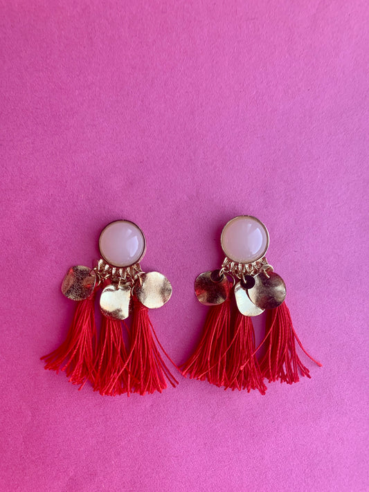 Red 3 Drop Tassel Earrings