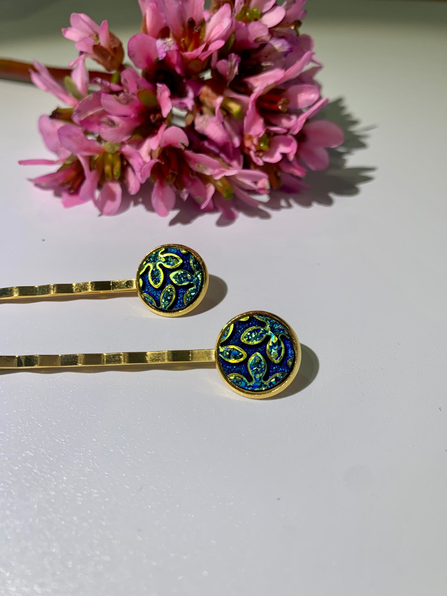 Blue and Gold Flower Hair Grips