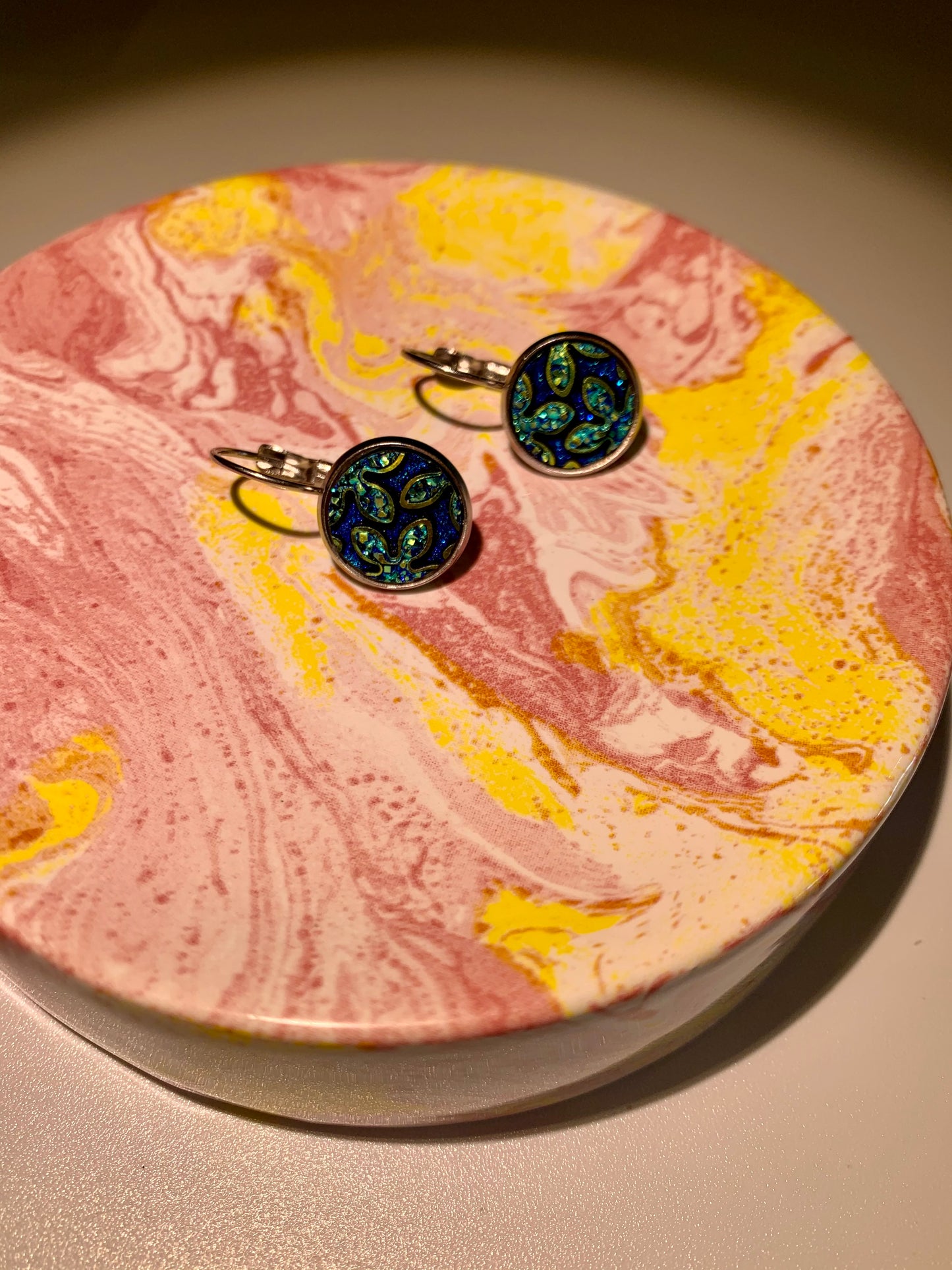 Blue and Gold Flower Sleeper Earrings
