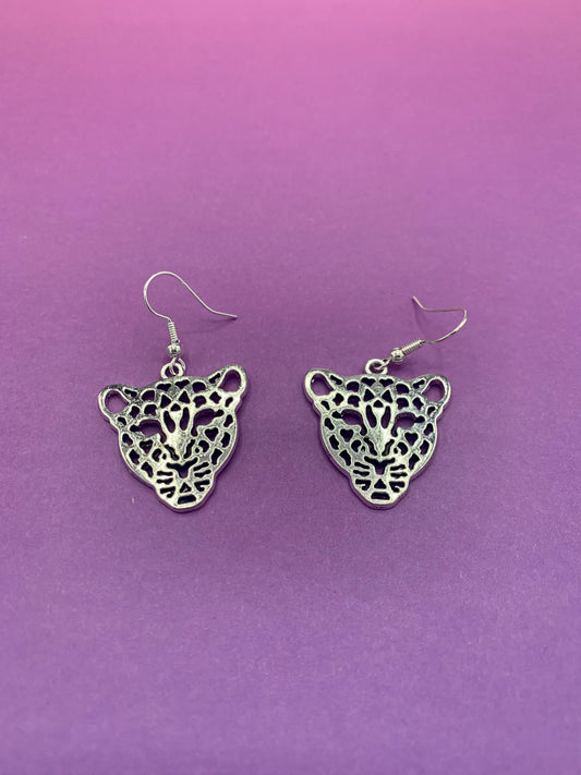 Silver Leopard Face Earrings