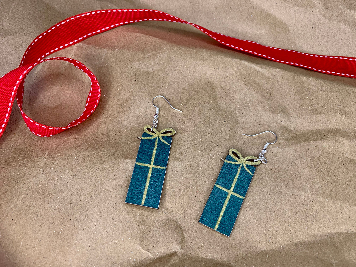 Wooden Christmas Present Earrings