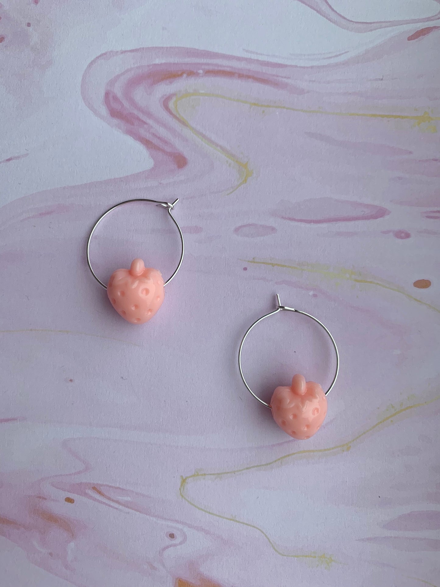 Coral coloured strawberry hoop earrings. aesthetic earrings