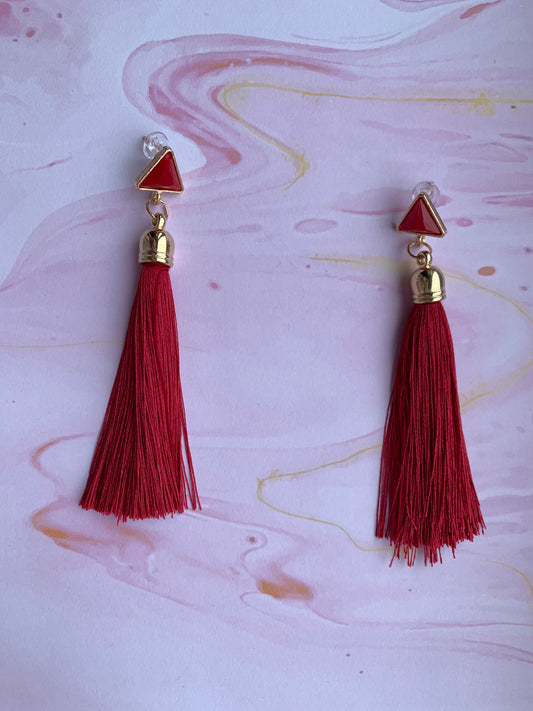 Deep Pink and Gold Triangle Tassel Earrings