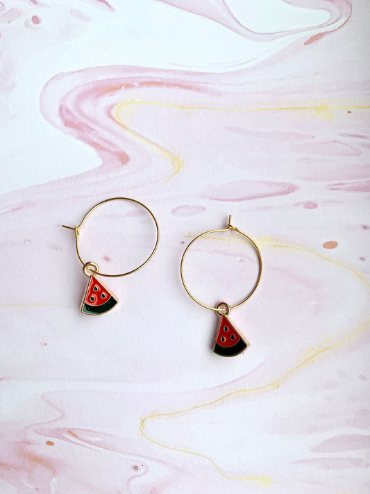 Watermelon Slice Enamel Hoop Earrings
