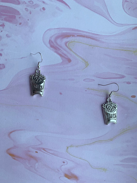 Fries earrings. food earrings. quirky earrings. funky earrings. Silver coloured alloy fries charm on silver plated hooks. dangle earrings. 