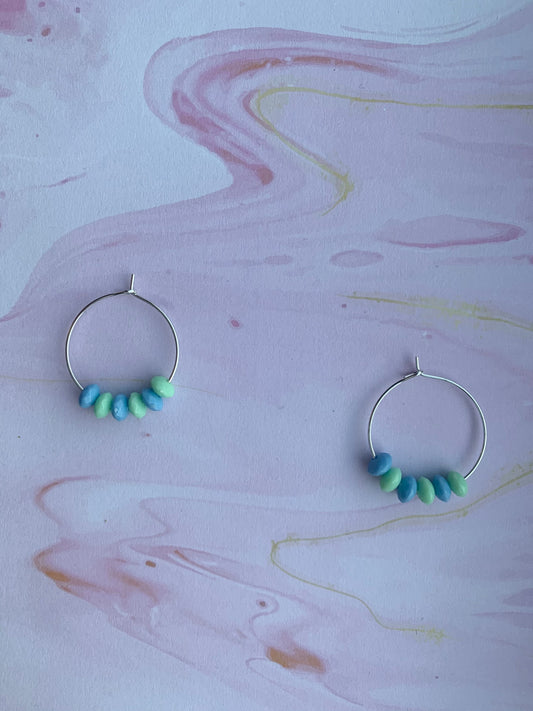 Green and blue pastel bead earrings on silver plated hoops. hoop earrings. handmade earrings.
