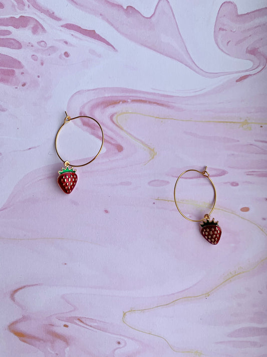 strawberry earrings. Red enamel strawberry charm on gold plated hoops. food earrings. hoop earrings. novelty earrings food 