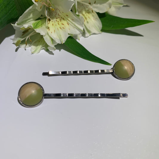 Olive Green and Wood 12mm hair grips. 