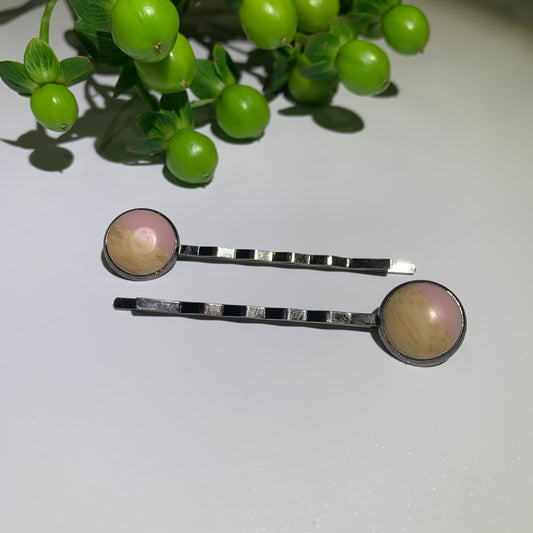 Pale Pink and Wood 12mm hair grips. 