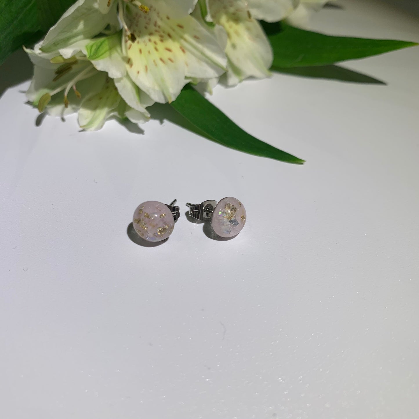 Pale Pink 8mm Resin Cabachon with Gold Lead Speckled throughout on stainless steel studs. Stud Earrings. Pretty Earrings. 