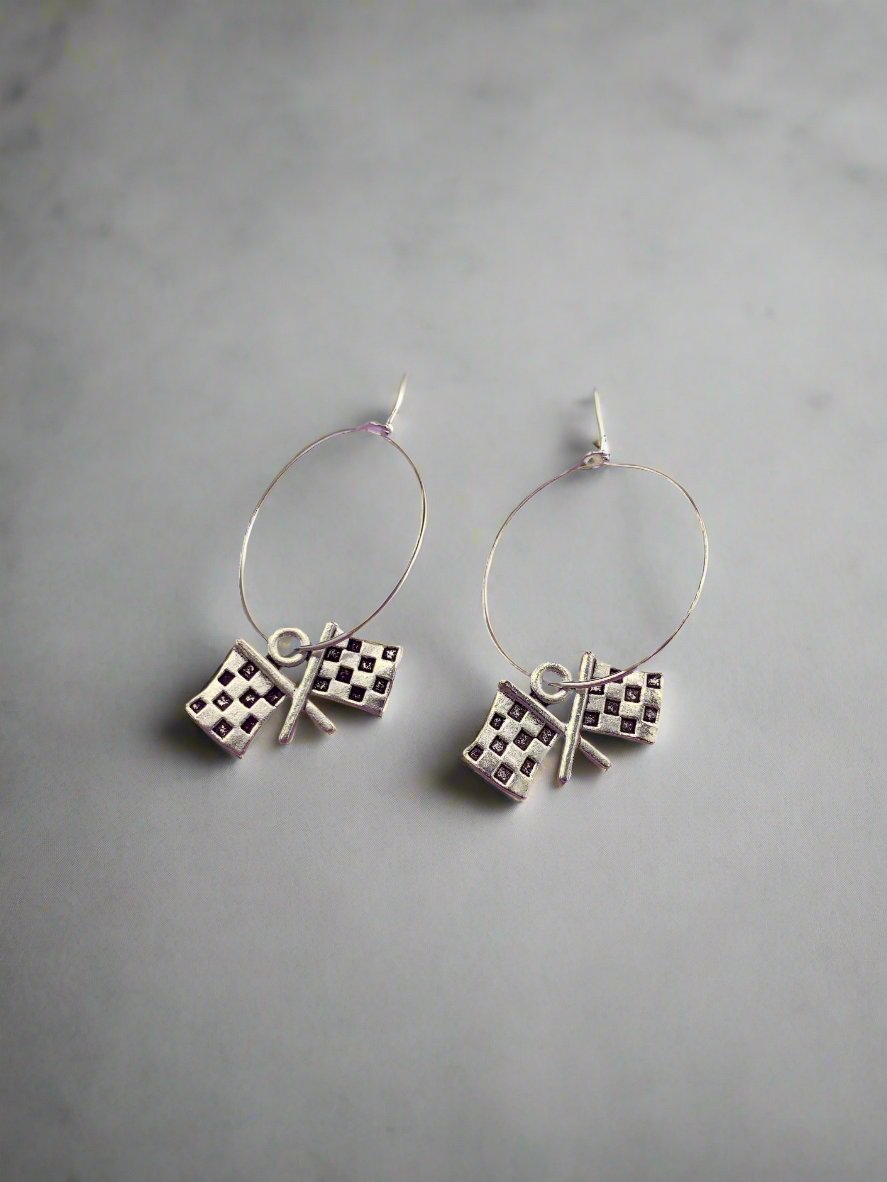 Racing Chequered Flag Earrings with silver-plated hoops and hooks
