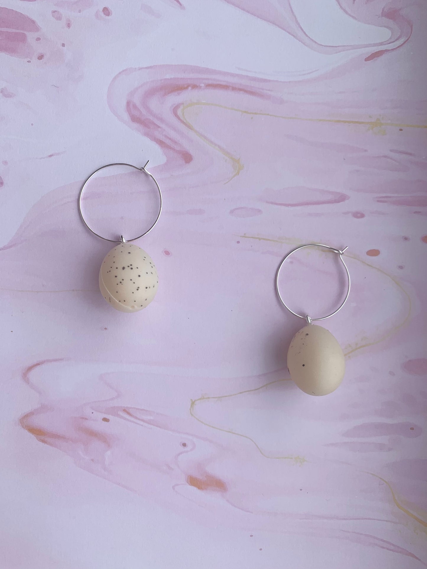 Easter Earrings. Speckled egg earrings on silver plated hoops. Plastic egg novelty easter earrings in pastel or speckled colours. Hoop earrings. Novelty earrings. pastel earrings. 