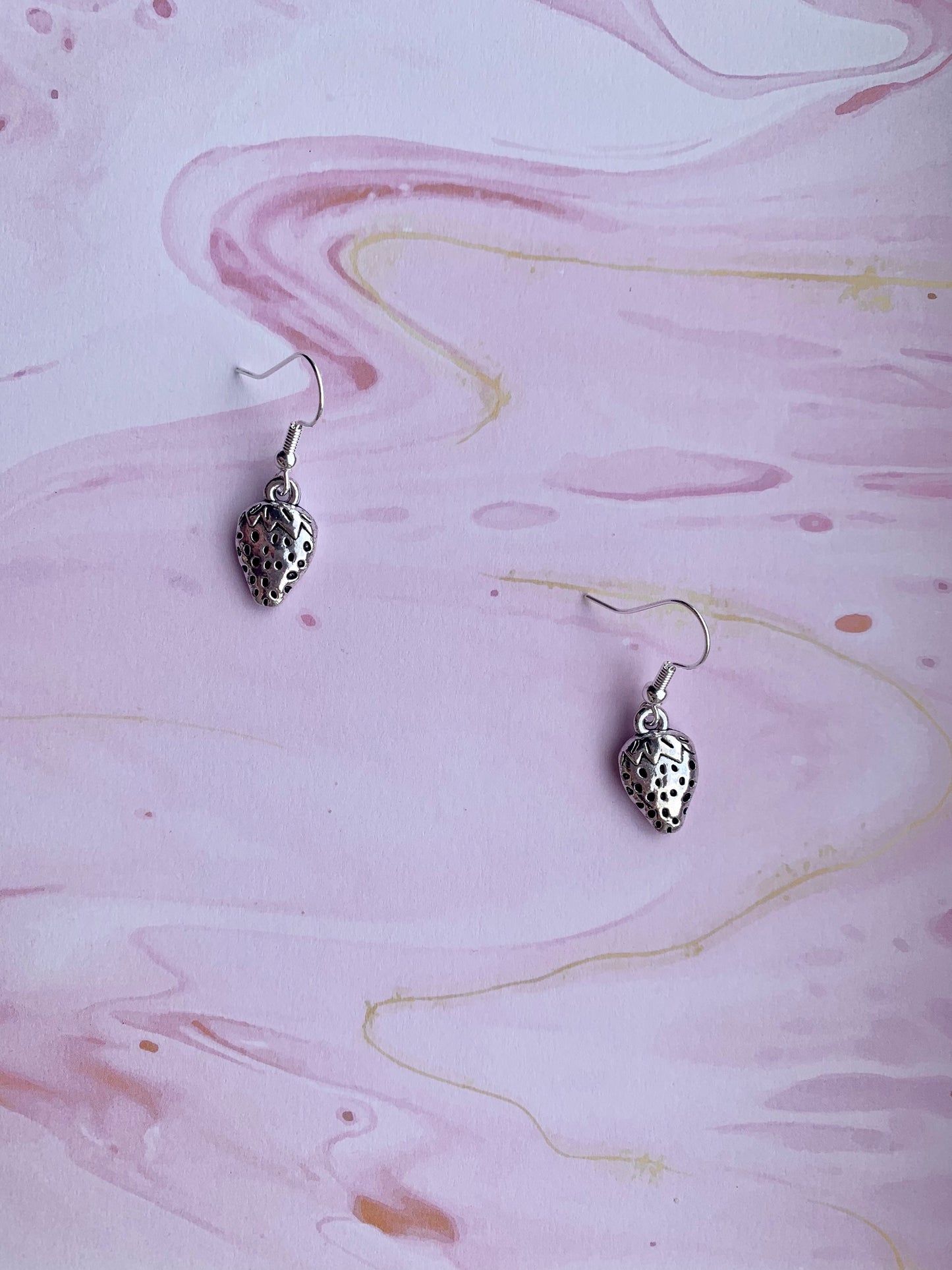 strawberry earrings. Alloy silver coloured strawberry charm on silver plate hooks. food earrings. novelty earrings. kawaii earrings. 