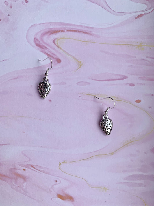 strawberry earrings. Alloy silver coloured strawberry charm on silver plate hooks. food earrings. novelty earrings. kawaii earrings. 