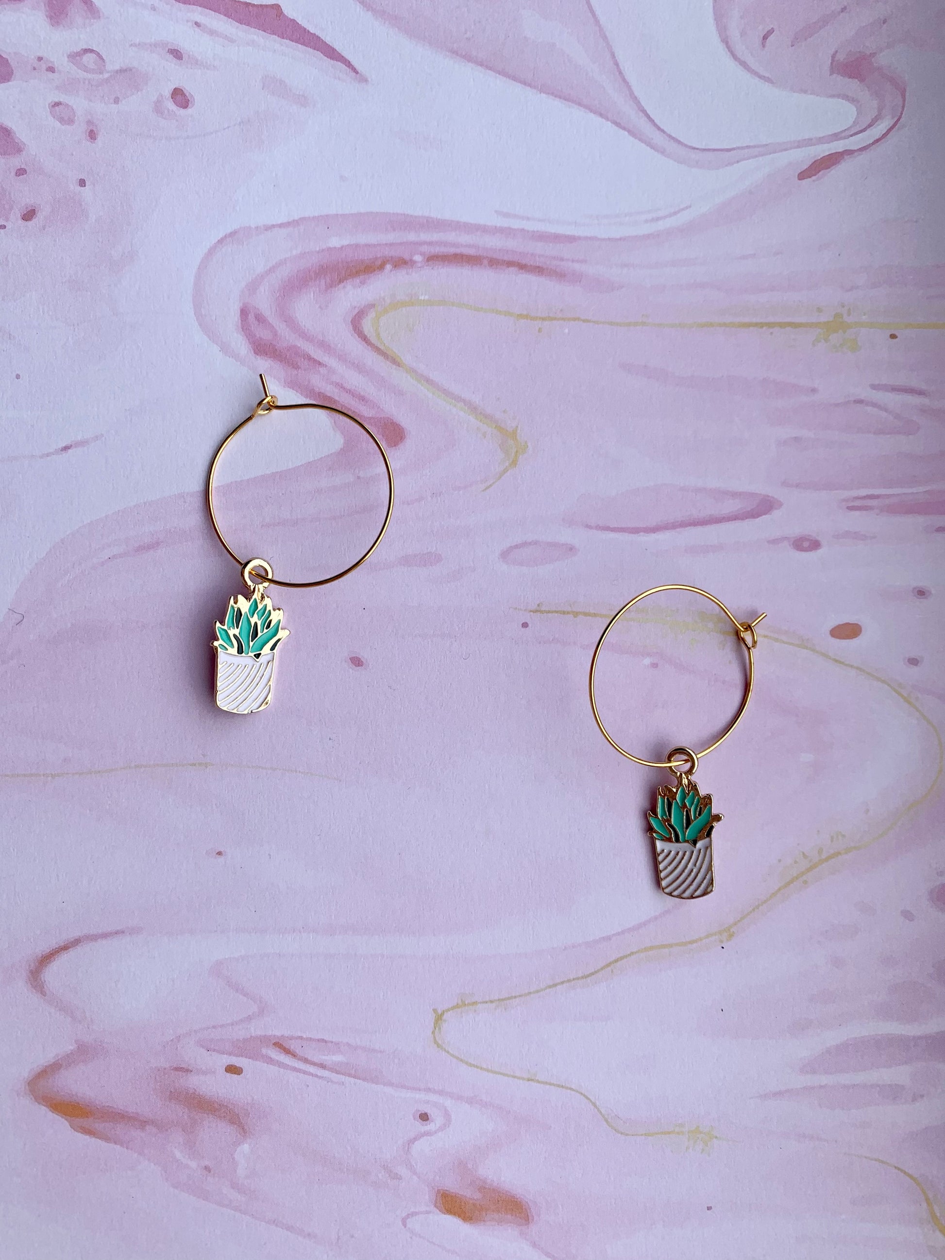 Succulent plant enamel charms on gold plated hoops. plant earrings. gold earrings. plant mom