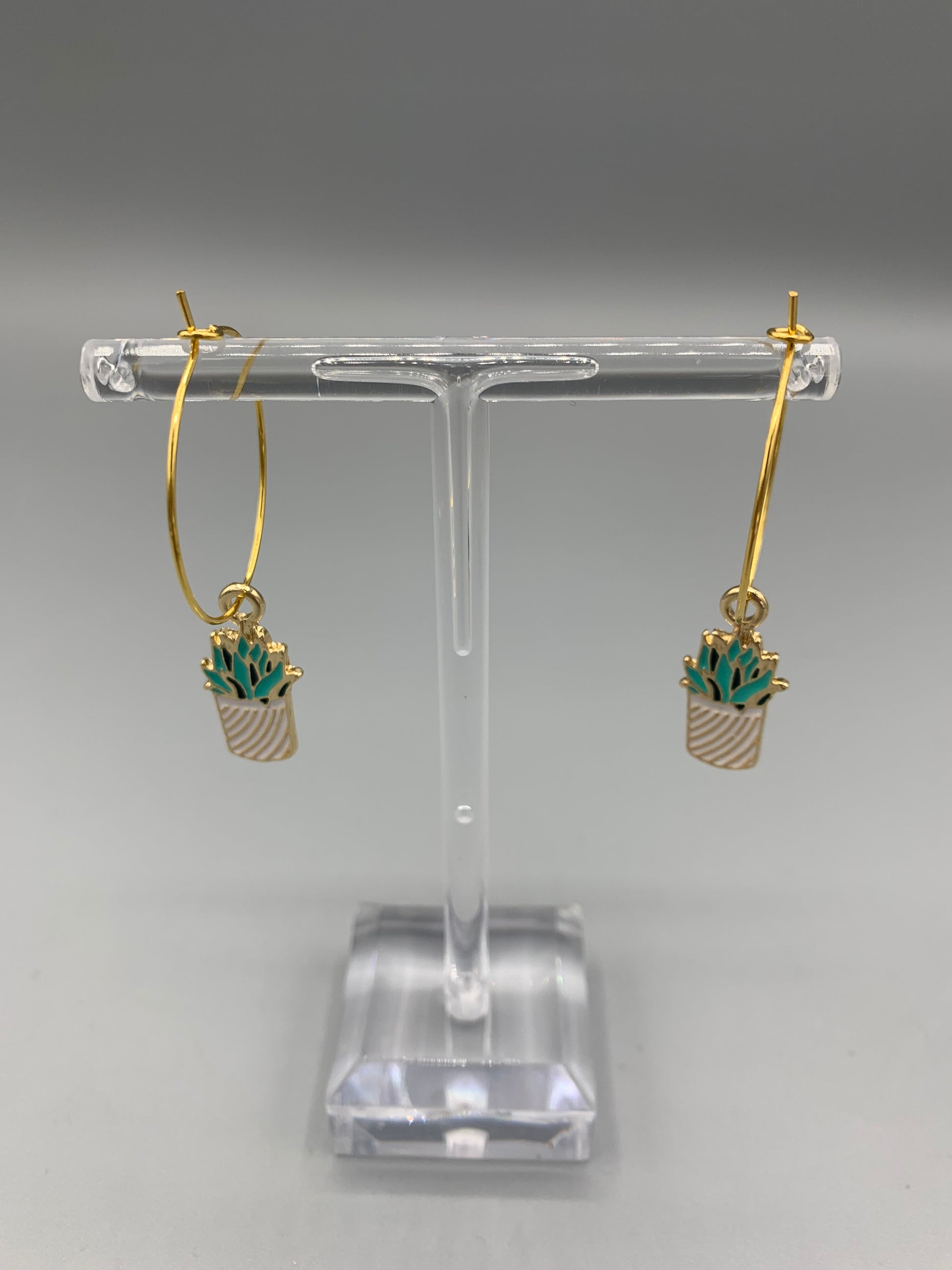 Succulent plant enamel charms on gold plated hoops. plant earrings. gold earrings. earrings for women