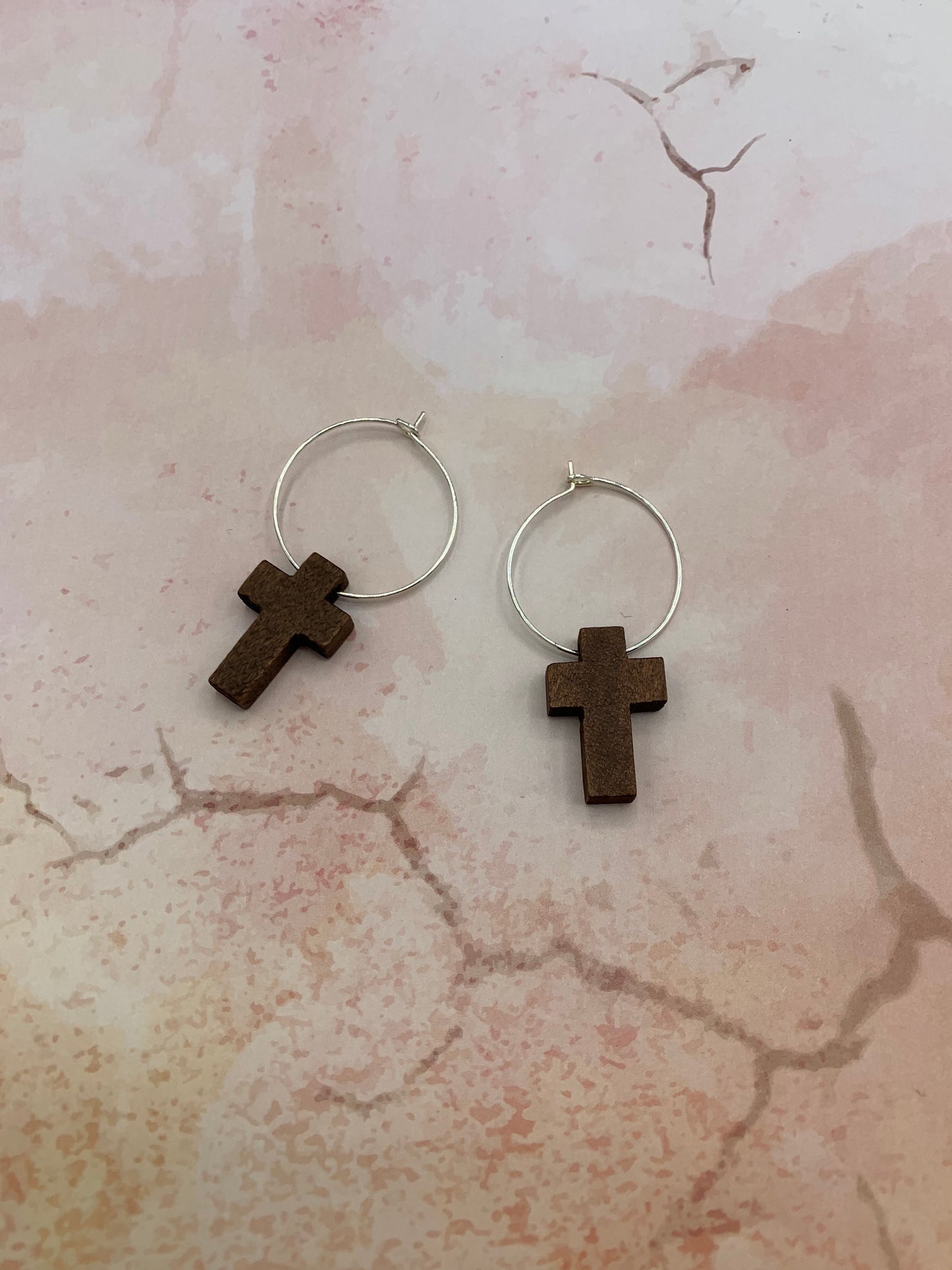 Wooden cross earrings. Dark wooden religious cross on silver plated hoos. hoop earrings. religious earrings. goth earrings. vampire earrinsg