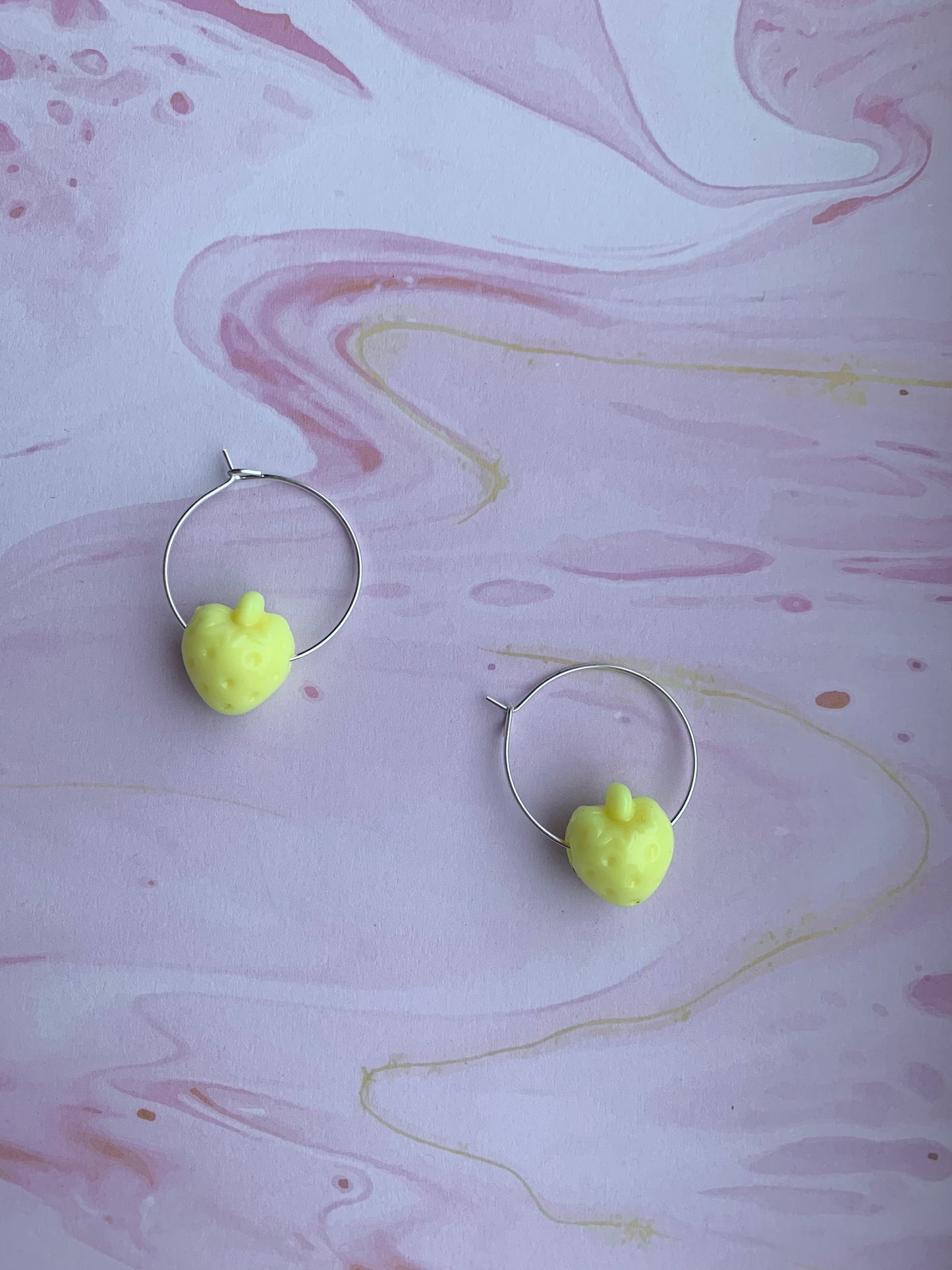 Lemon yellow coloured strawberry hoop earrings. womens earrings