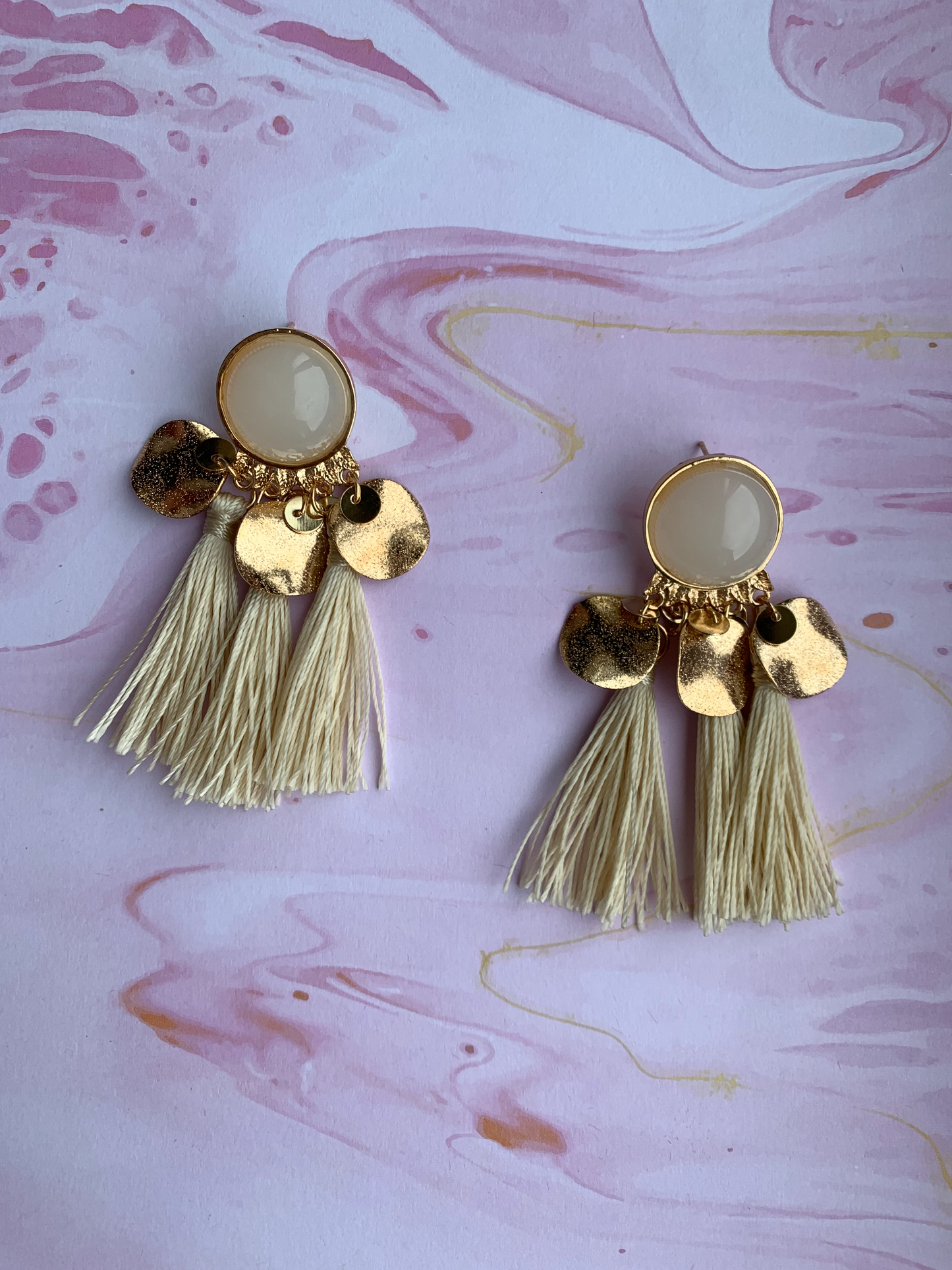 Cream and Gold 3 Drop Tassel Earring