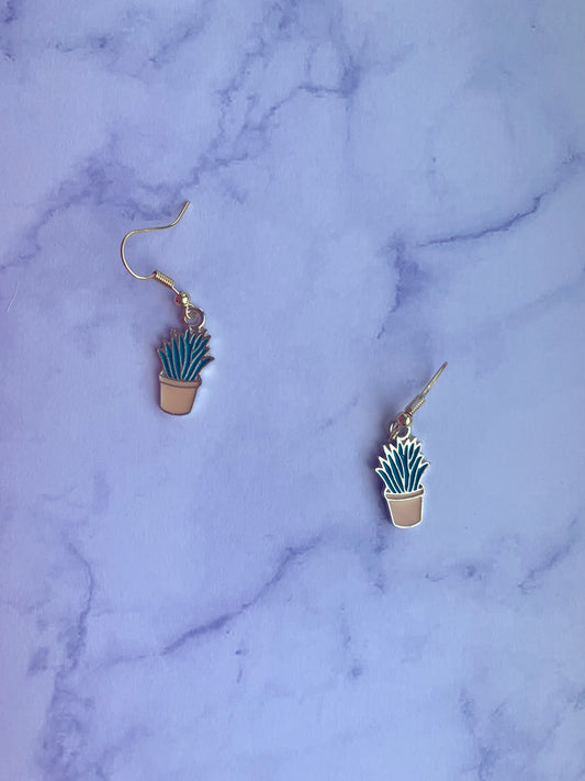 Spiky dark green house plant in yellow pot enamel charms on gold plated hook earrings. house plant. nature earrings. 