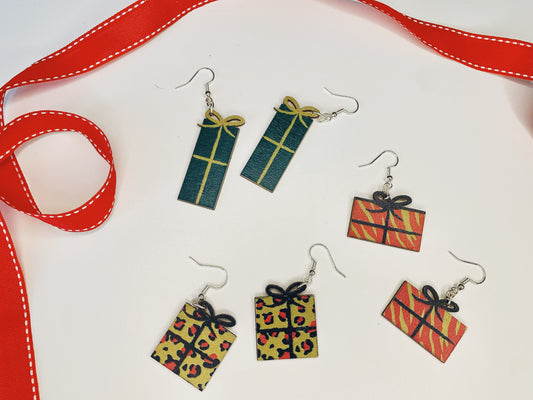 Wooden Christmas Present Earrings