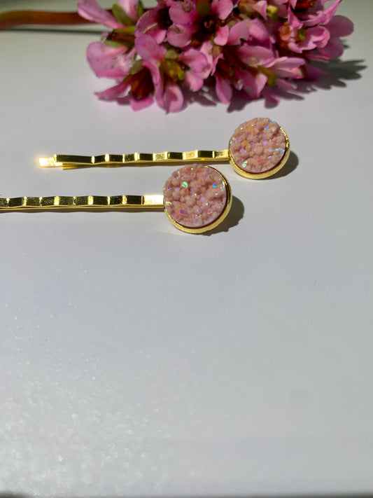 Light Pink Natural Ore Style Gold Hair Grips
