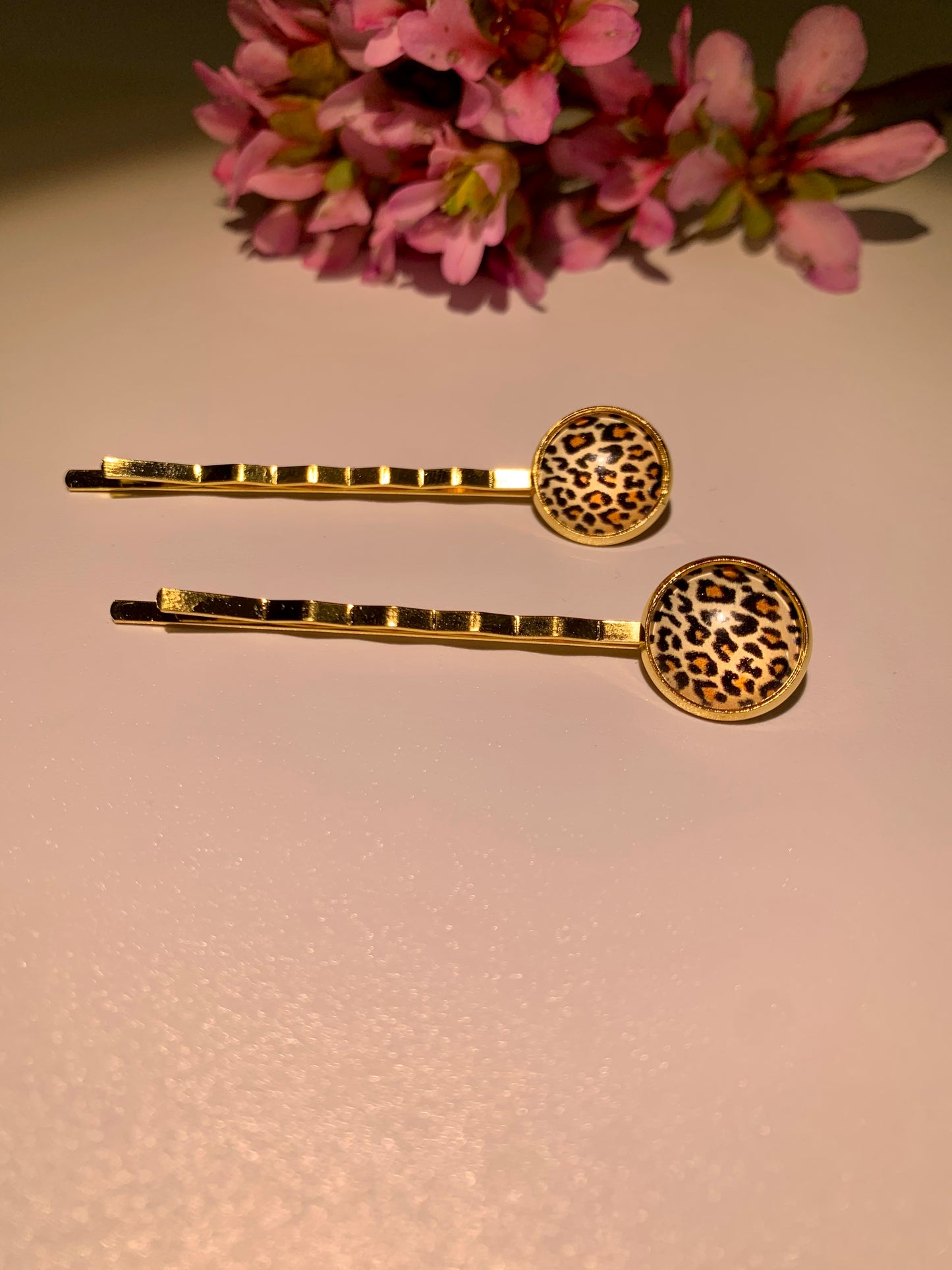 Leopard Print Gold Hair Grips