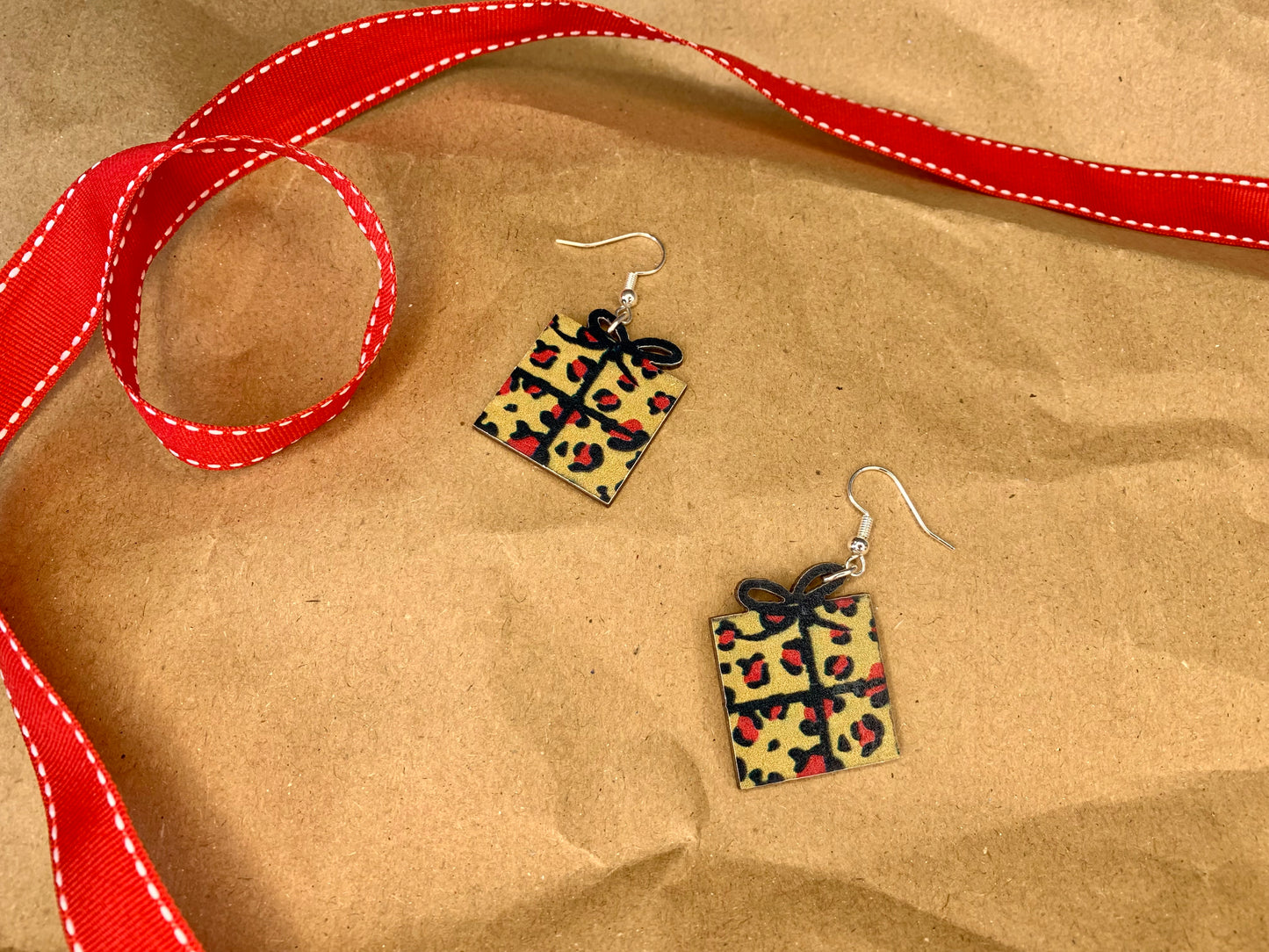 Wooden Christmas Present Earrings
