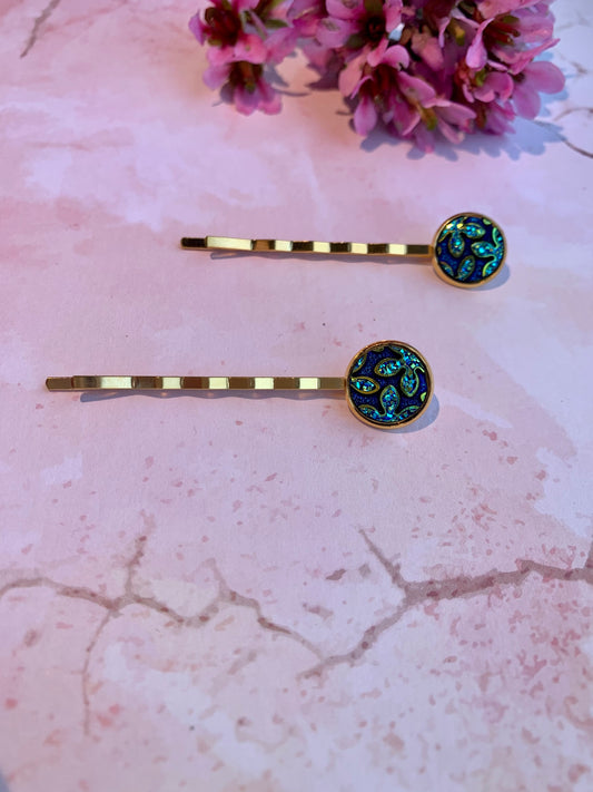 Blue and Gold Flower Hair Grips