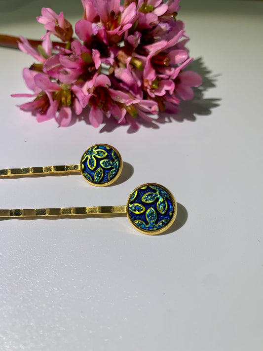 Blue and Gold Flower Hair Grips