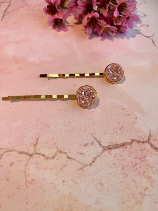 Light Pink Natural Ore Style Gold Hair Grips