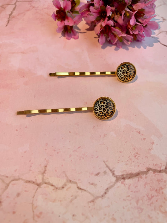 Leopard Print Gold Hair Grips