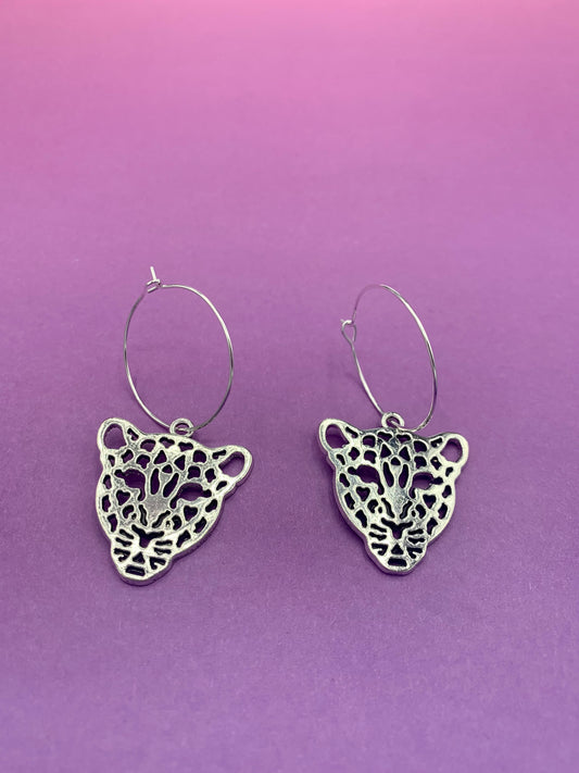 Silver Leopard Face Earrings