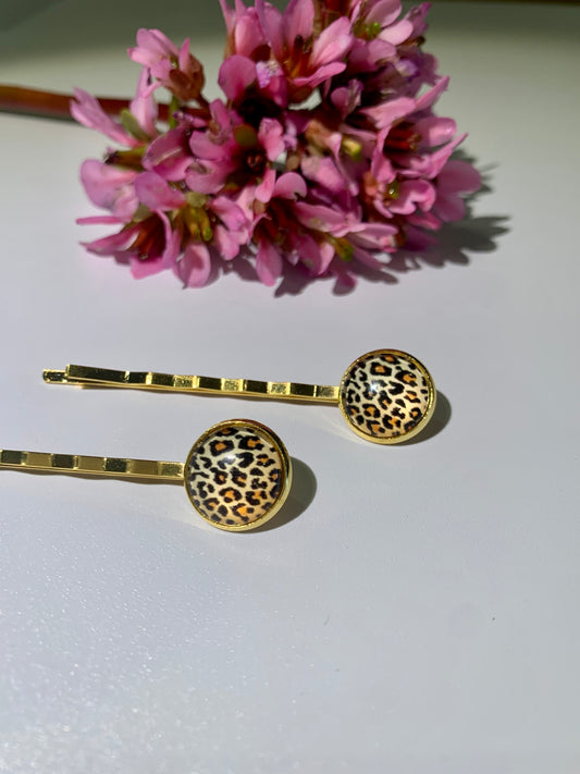 Leopard Print Gold Hair Grips