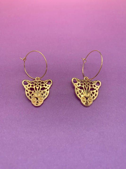 Gold Leopard Face Earrings